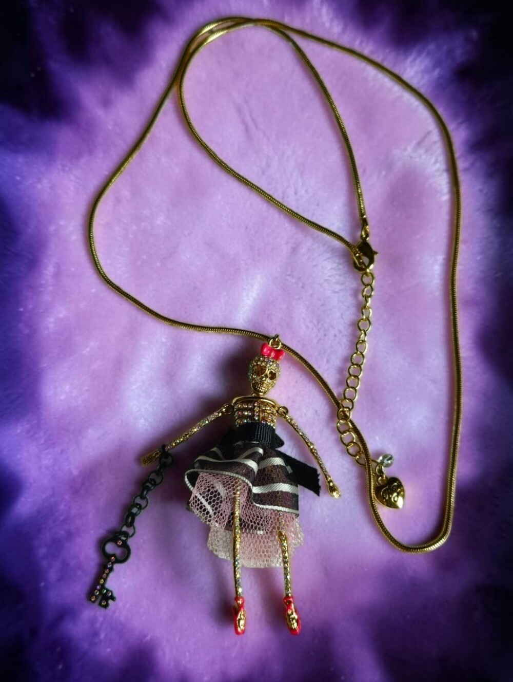 🩰💀Betsey PRISONER OF LOVE Ballerina Skeleton Pendant Necklace Black Key - NWOT
